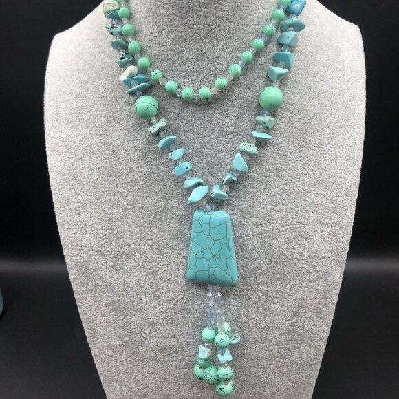 Turquoise Double Strand Chunky Necklace 66 Grams Pendant Dangle 18 Inches Hawaii - Picture 5 of 11
